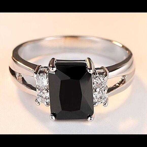 18k White Gold PLATED Black CZ  Ring - Picture 1 of 4